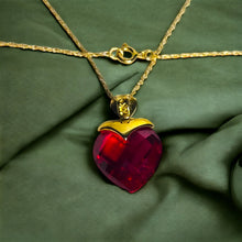 Load image into Gallery viewer, 10k Yellow Gold Ruby Diamond Necklace 19&quot; BIG 13mm Heart Briolette Red Ruby 3g
