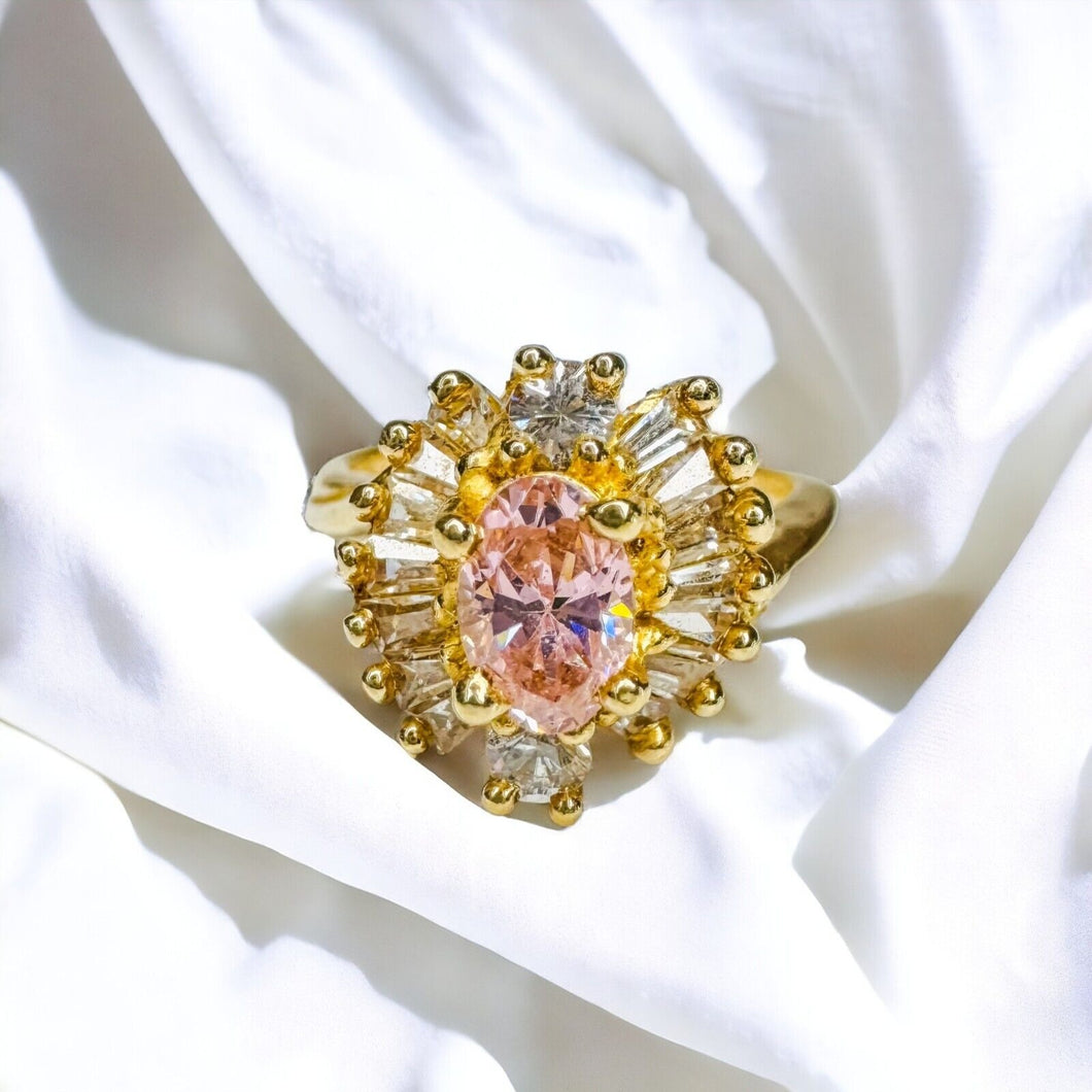 Vintage 10k Gold Pink Topaz & Simulated Diamond Ring Size 4.5 Cluster Ring 3.6g