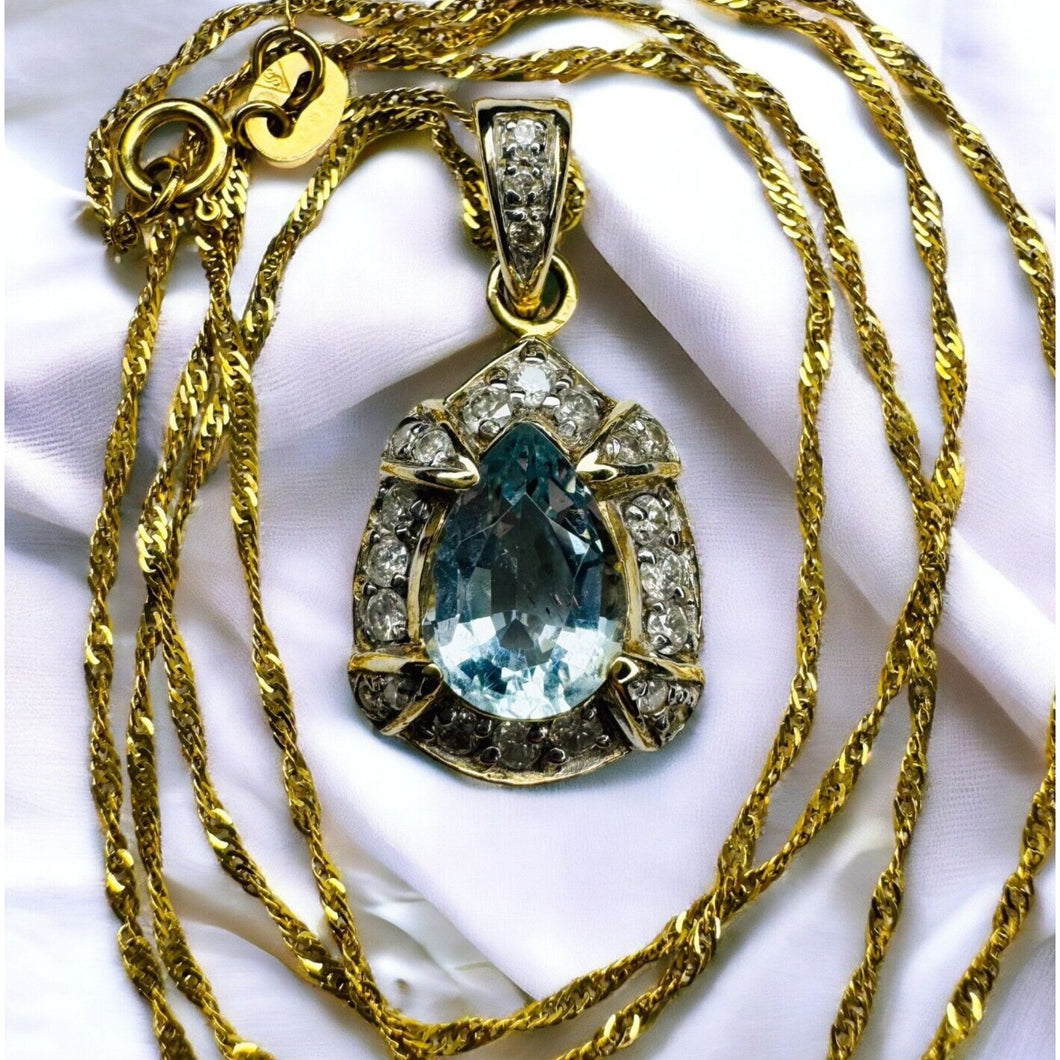 14k Gold Natural Aquamarine Diamond Necklace 20