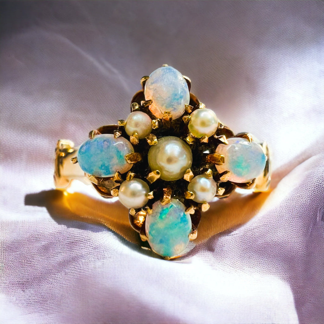 Antique 10k Yellow Gold Opal Seed Pearl Ring Size 5.5 Victorian Estate 2.15g