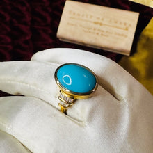 Load image into Gallery viewer, 10k Gold Sleeping Beauty Turquoise &amp; Diamond Ring Sz 7 LARGE Cabochon Ring 5.7g
