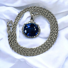 Load image into Gallery viewer, 10k White Gold 6 cttw Genuine Blue Sapphire Halo Diamond Necklace 17&quot; 5.4g
