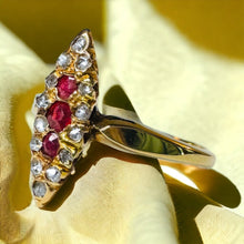 Load image into Gallery viewer, Antique 10k Gold Ruby Diamond Navette Ring Size 7 Rose Cut Gems Victorian 2.4g
