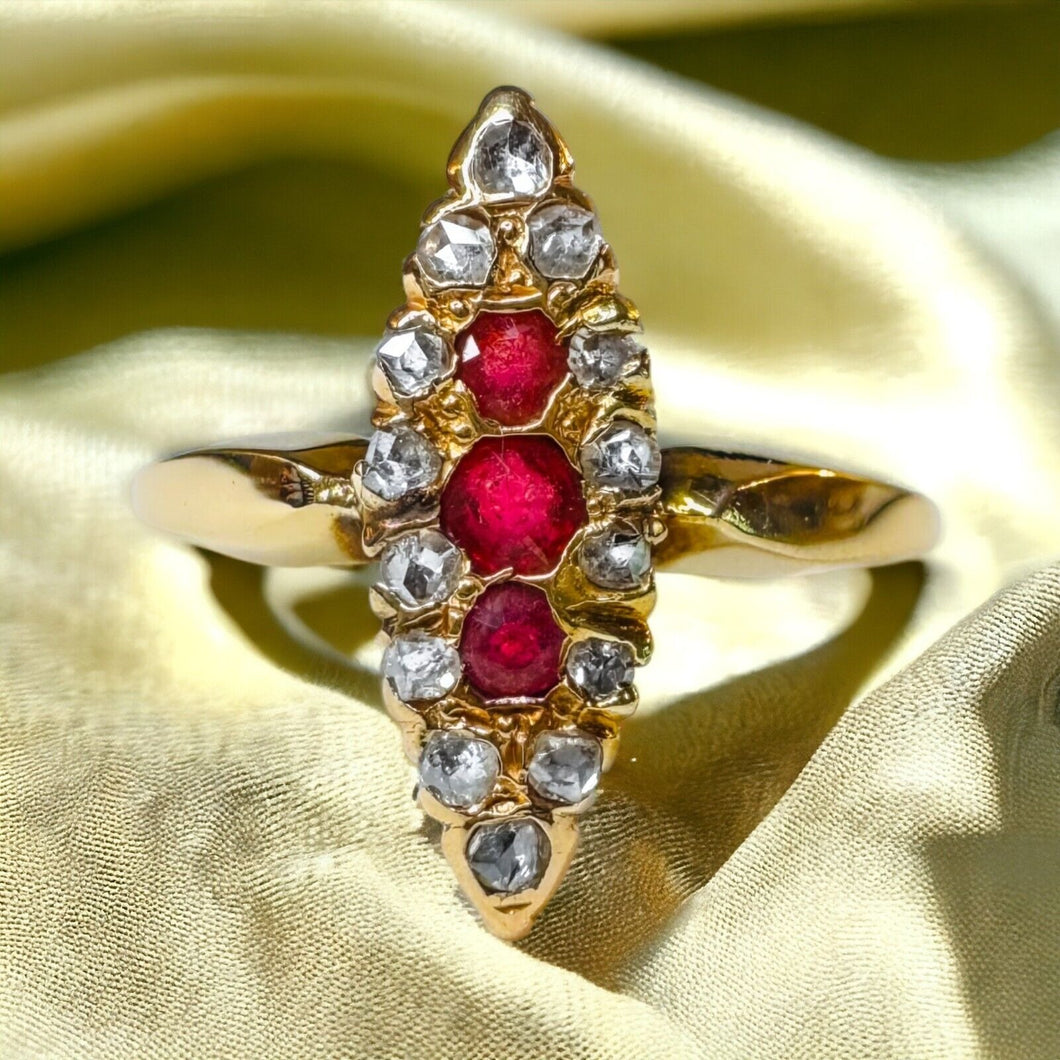 Antique 10k Gold Ruby Diamond Navette Ring Size 7 Rose Cut Gems Victorian 2.4g