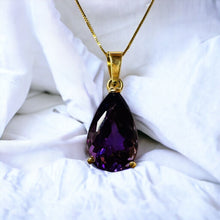 Load image into Gallery viewer, 14k Gold Amethyst Necklace 18&quot; Large 9 CT Pear Cut Purple Amethyst Pendant 5.7g
