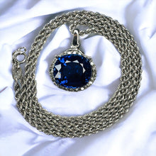 Load image into Gallery viewer, 10k White Gold 6 cttw Genuine Blue Sapphire Halo Diamond Necklace 17&quot; 5.4g
