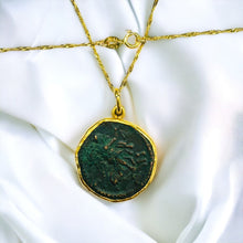 Load image into Gallery viewer, 22k Gold Ancient Roman Coin Necklace 24&quot; Alexandria Egypt Maximianus Tetradrachm Billon Coin 291-292 AD Egyptian Necklace Emperor Caesar Maximianus Gladiator Pendant
