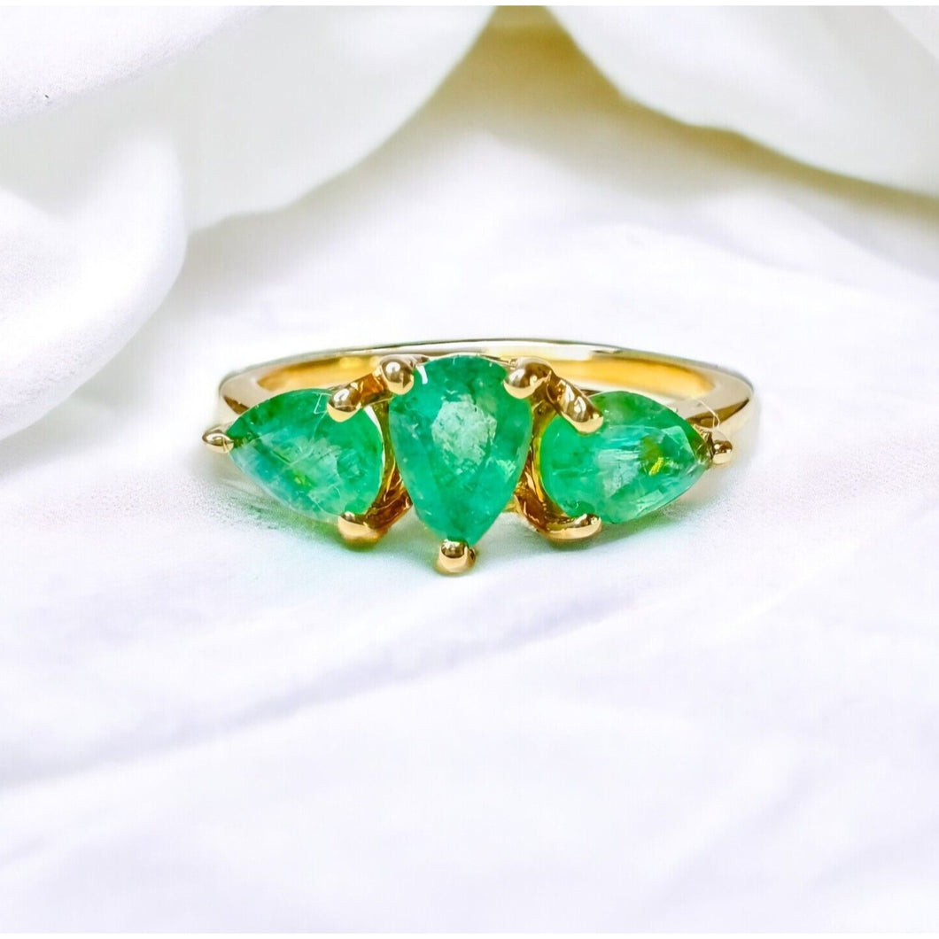 10k Gold Natural Emerald Ring Size 8.25 Pear Cut 3 Stone Ring 2g Earth mined