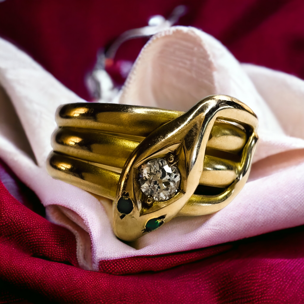 Antique 14k Yellow Gold Snake Diamond & Emerald Ring Sz 8.25 Art Nouveau 3.33g