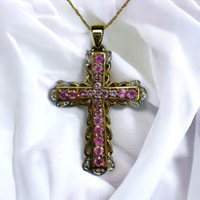 Load image into Gallery viewer, 10k Yellow Gold Pink Sapphire &amp; Diamond Cross Necklace 19&quot; LARGE 1.26CTTW Natural Pink Sapphire Necklace 4.8g
