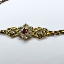 Load image into Gallery viewer, 14k Yellow Gold Ruby Tennis Bracelet 6&quot;L Flower Bracelet Bismark Link Chain 3.1g White Topaz Stones Anniversary Gift for Wife July Birthday
