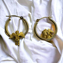 Load image into Gallery viewer, 14k Gold Cherub Hoop Earrings 21mm Hoops Baby Angel Guardian Angel Hanging 2g
