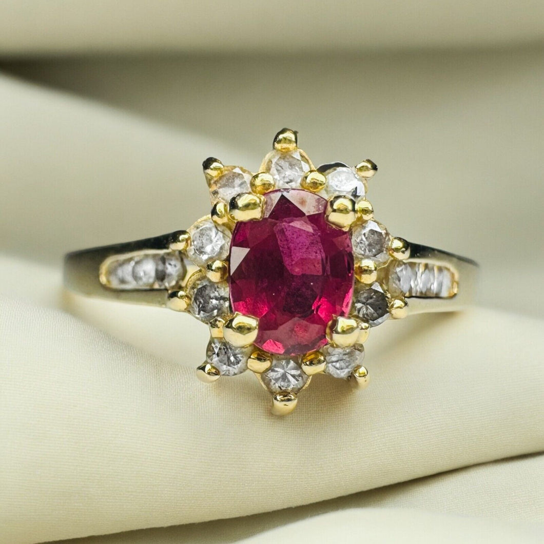 14k Gold Natural Ruby Ring Sz 8 Oval Cut Ruby & Halo Diamond Ring 2/3CTTW 2g