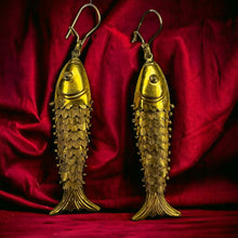 Load image into Gallery viewer, Antique 14k Gold Articulated Fish Earrings LARGE 68mm Victorian Oriental 6.1g

