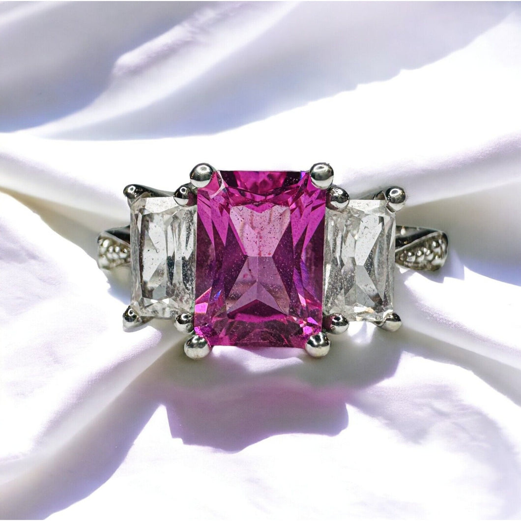 10k White Gold Pink Sapphire Diamond Ring Sz 7 Emerald Cut Three Stone 1.9g