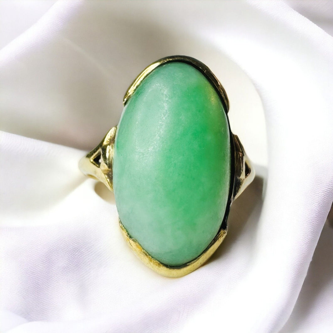 10k Gold Antique Jadeite Jade Ring Sz 6.75 Victorian Oval Cabochon Ring 4.3g