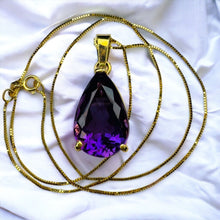 Load image into Gallery viewer, 14k Gold Amethyst Necklace 18&quot; Large 9 CT Pear Cut Purple Amethyst Pendant 5.7g
