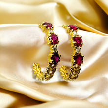 Load image into Gallery viewer, 14k Gold Diamond &amp; Natural Ruby Earrings 3/4 CTTW Rope J Hook Half Hoops 2.5g
