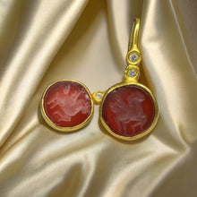 Load image into Gallery viewer, 23k Gold Agate Pegasus Intaglio Diamond Earrings 18k Gold Ancient Mythology 3.7g
