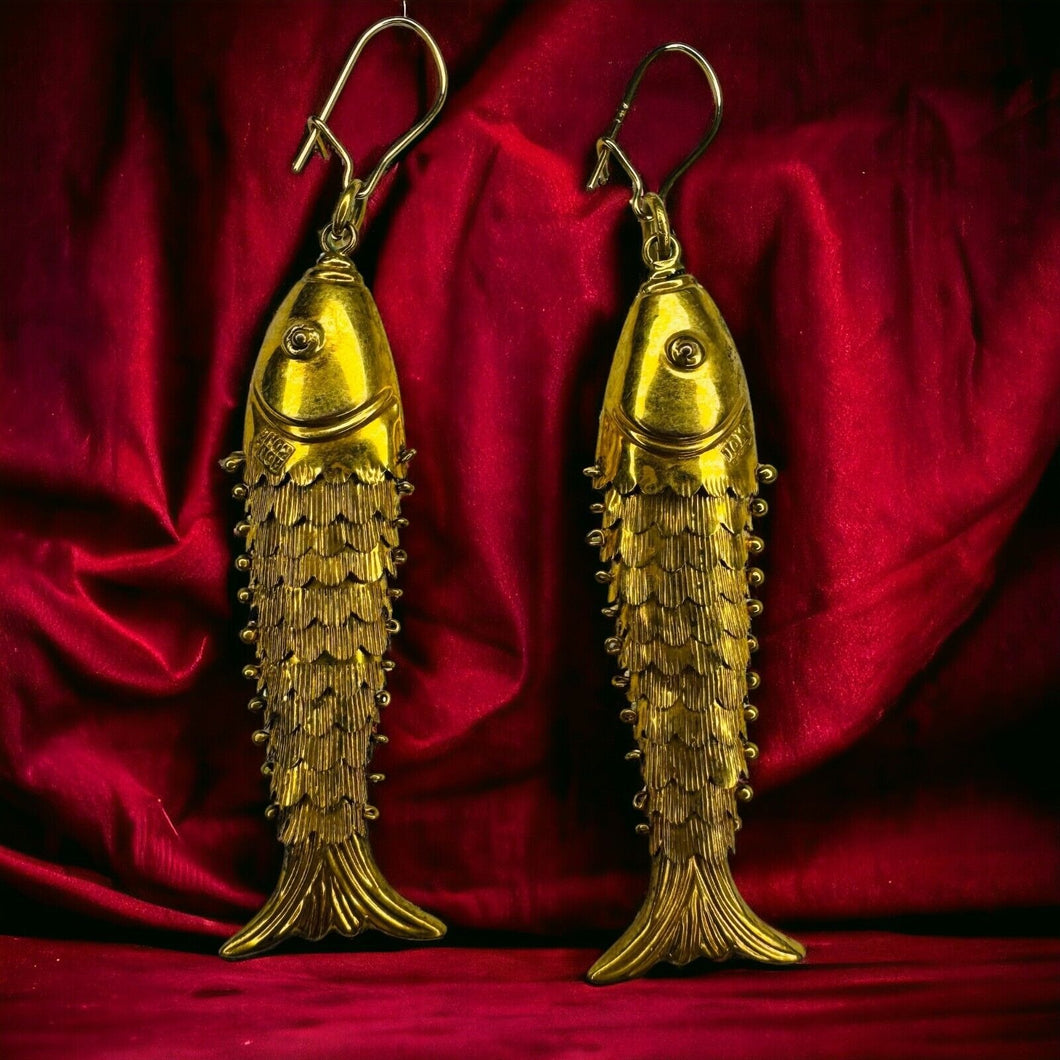 Antique 14k Gold Articulated Fish Earrings LARGE 68mm Victorian Oriental 6.1g