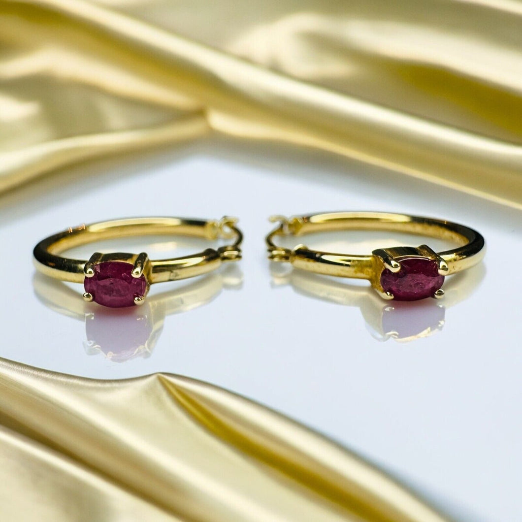 14k Yellow Gold Natural Ruby Hoop Earrings Earth Mined Ruby Hoops 20mm 1.3g