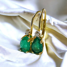 Load image into Gallery viewer, 10k Gold Diamond &amp; Natural Emerald Earrings 1 CTTW Leverback Hoop Earrings 1.2g
