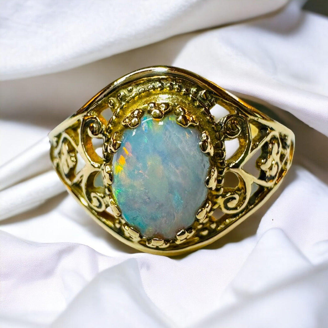 Antique 10k Gold Opal Ring Size 5.5 Victorian Era Solitaire Filigree Ring 1.4g