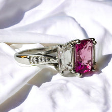 Load image into Gallery viewer, 10k White Gold Pink Sapphire Diamond Ring Sz 7 Emerald Cut Three Stone 1.9g
