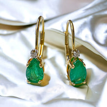 Load image into Gallery viewer, 10k Gold Diamond &amp; Natural Emerald Earrings 1 CTTW Leverback Hoop Earrings 1.2g
