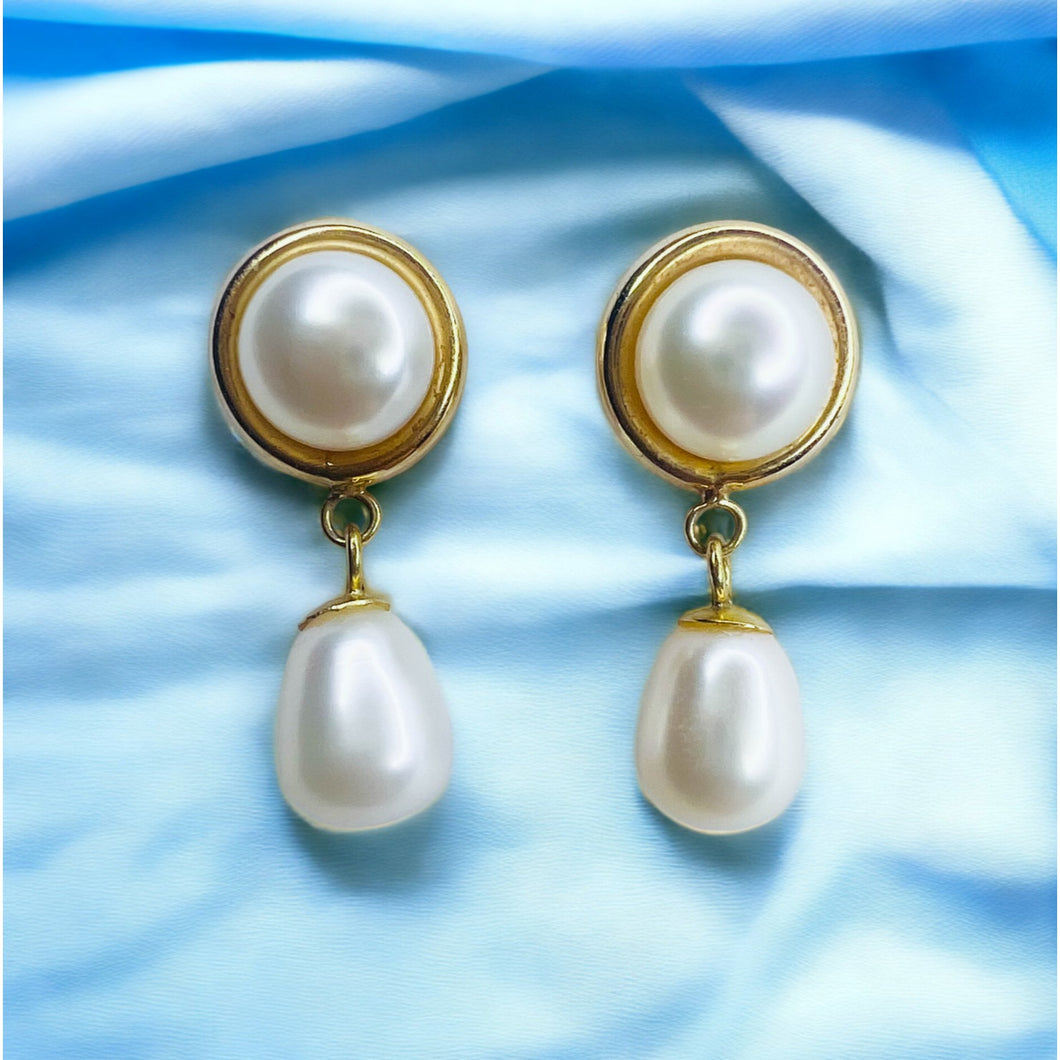 Authentic Solid 14k Yellow Gold Button Pearl & Drop Pearl Dangle Earrings 3.2g