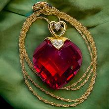 Load image into Gallery viewer, 10k Yellow Gold Ruby Diamond Necklace 18&quot;Heart Briolette Red Ruby BIG 19mm 6.6g
