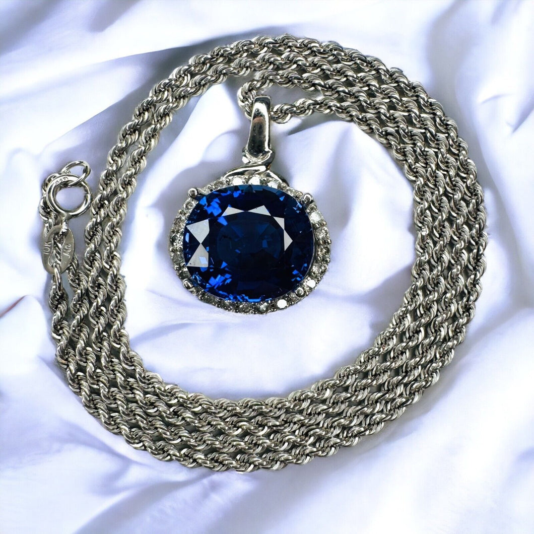 10k White Gold 6 cttw Genuine Blue Sapphire Halo Diamond Necklace 17