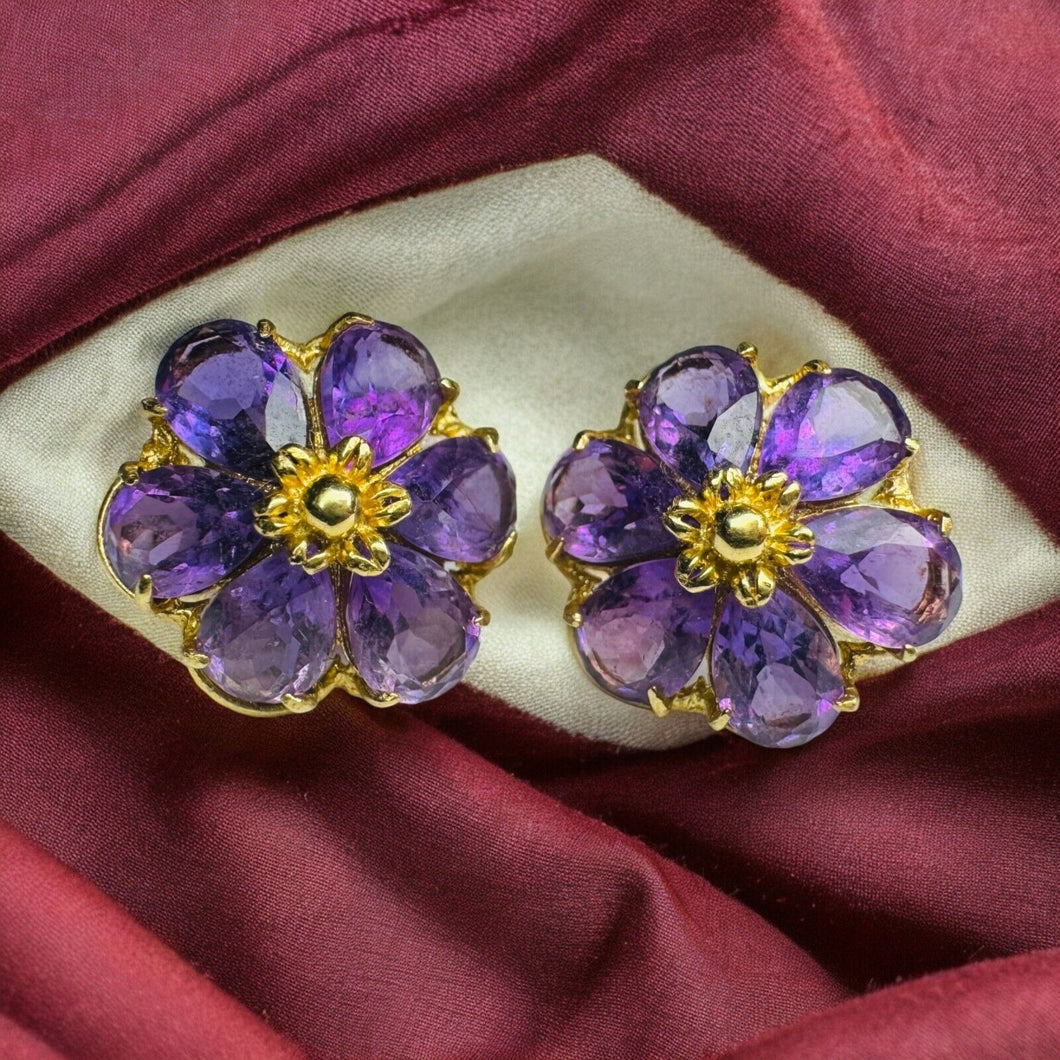 14k Gold Natural Amethyst Earrings 3.72CTTW Flower Earrings Solid 585 Gold 2.3g