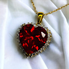 Load image into Gallery viewer, 10k Yellow Gold Ruby &amp; Diamond Necklace 18&quot; LARGE 12mm Heart Cut Red Ruby 6.2Cttw Halo Diamond Pendant 3.4g Ruby Necklace
