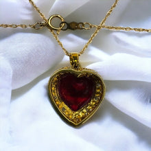 Load image into Gallery viewer, 10k Yellow Gold Ruby &amp; Diamond Necklace 18&quot; LARGE 12mm Heart Cut Red Ruby 6.2Cttw Halo Diamond Pendant 3.4g Ruby Necklace
