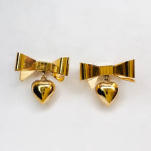 Load image into Gallery viewer, Vintage 14k Yellow Gold Bow and Heart Drop Earrings Solid 585 Gold 19mm 3.1g Christmas Ribbon Anniversary Gift for Wife
