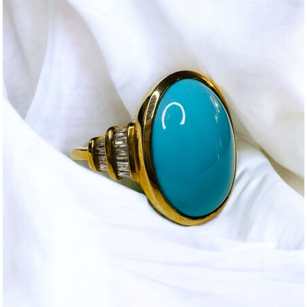 10k Gold Sleeping Beauty Turquoise & Diamond Ring Sz 7 LARGE Cabochon Ring 5.7g