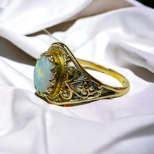 Load image into Gallery viewer, Antique 10k Gold Opal Ring Size 5.5 Victorian Era Solitaire Filigree Ring 1.4g
