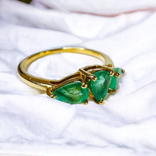 Load image into Gallery viewer, 10k Gold Natural Emerald Ring Size 8.25 Pear Cut 3 Stone Ring 2g Earth mined
