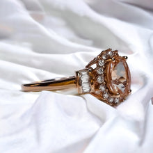 Load image into Gallery viewer, 10k Rose Gold Morganite &amp; Halo Diamond Ring Sz 8.25 Baguette Engagement Ring 2g
