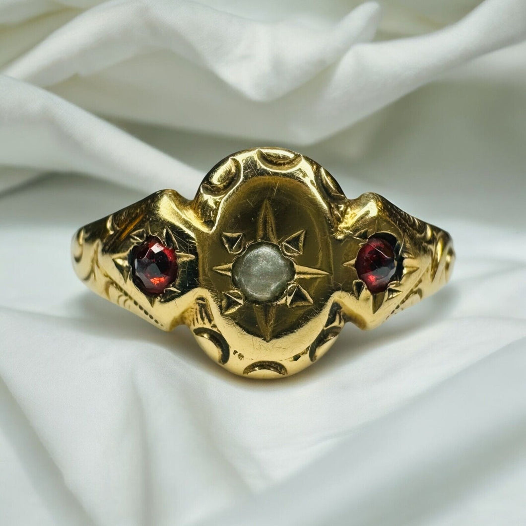 Antique 10k Gold Garnet Seed Pearl Ring Sz 4.5 Rose Cut Victorian c1890's 1g