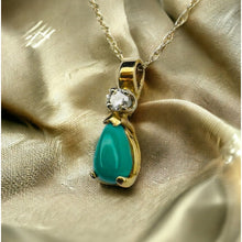 Load image into Gallery viewer, 14k Gold Natural Turquoise &amp; Diamond Necklace 18&quot; Pear Cut Cabochon Solitaire 1g
