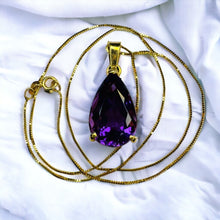 Load image into Gallery viewer, 14k Gold Amethyst Necklace 18&quot; Large 9 CT Pear Cut Purple Amethyst Pendant 5.7g
