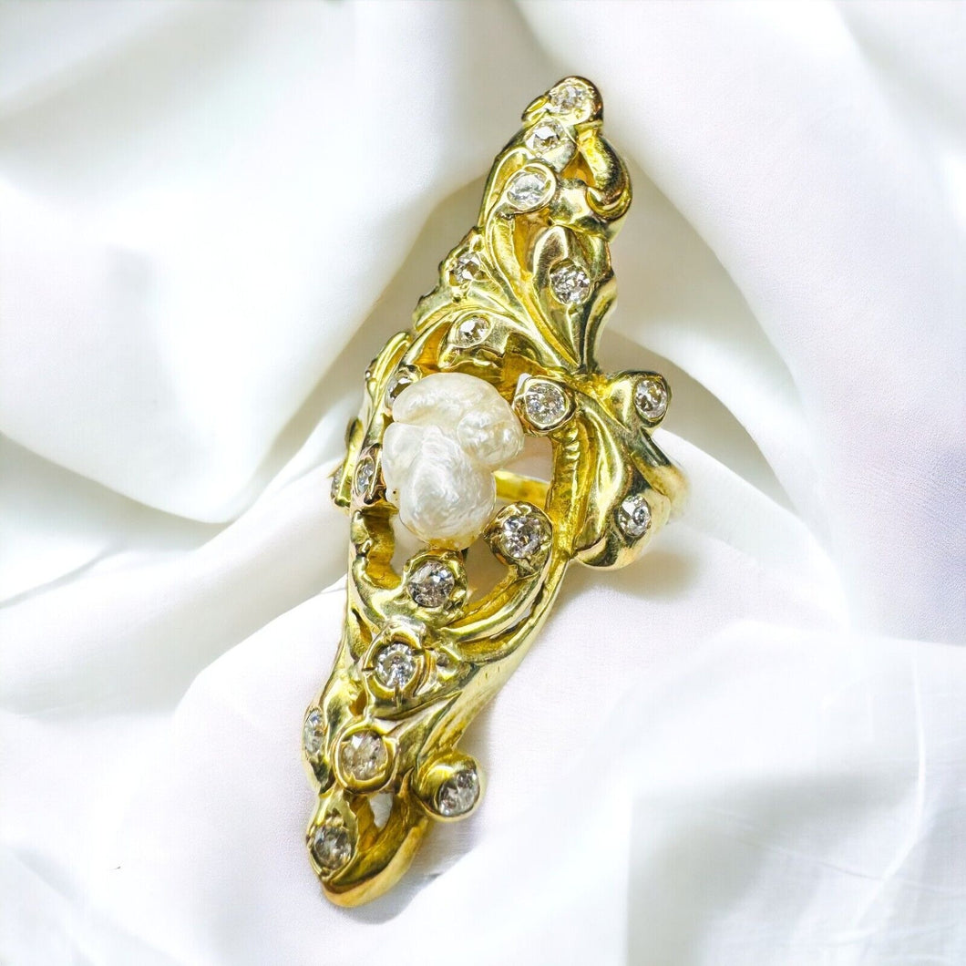 14k Gold Antique Diamond Baroque Pearl Ring Size 6.5 Victorian Art Nouveau Brutalist Freeform Nautical Coral Reef Ring9.9g