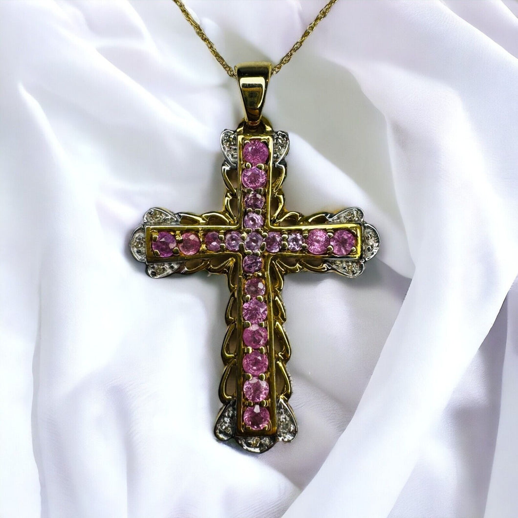 10k Yellow Gold Pink Sapphire & Diamond Cross Necklace 19