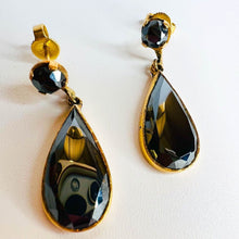 Load image into Gallery viewer, Vintage 10K Gold Faceted Round and Pear Cut Hematite Dangle Earrings Victorian Era Alaskan Black Diamond Dangle Earrings Temple of Amara Fine Jewelry Real Gold Earrings Antique Earrings Black Tie Event Anniversary Gift for Wife Gothic Earrings Gypsy
