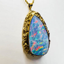 Load image into Gallery viewer, 10K Yellow Gold HUGE Australian Black Opal Necklace Brooch 14k Gold Chain 16 REAL solid GOLD 14kt 585 Gold Boulder Opal October Birthstone 14 karat Anniversary Gift for Wife Valentines Day Gift for Her Cloud Stone Blue Opal Doublet Temple of Amara
