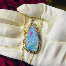 Load image into Gallery viewer, 10K Yellow Gold HUGE Australian Black Opal Necklace Brooch 14k Gold Chain 16 REAL solid GOLD 14kt 585 Gold Boulder Opal October Birthstone 14 karat Anniversary Gift for Wife Valentines Day Gift for Her Cloud Stone Blue Opal Doublet Temple of Amara
