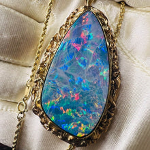 Load image into Gallery viewer, 10K Yellow Gold HUGE Australian Black Opal Necklace Brooch 14k Gold Chain 16 REAL solid GOLD 14kt 585 Gold Boulder Opal October Birthstone 14 karat Anniversary Gift for Wife Valentines Day Gift for Her Cloud Stone Blue Opal Doublet Temple of Amara
