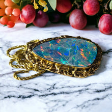Load image into Gallery viewer, 10K Yellow Gold HUGE Australian Black Opal Necklace Brooch 14k Gold Chain  REAL solid GOLD 14kt 585 Gold Boulder Opal October Birthstone 14 karat Anniversary Gift for Wife Valentines Day Gift for Her Cloud Stone Blue Opal Doublet Temple of Amara
